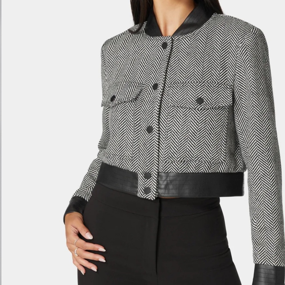 Bebe Black and White Herringbone Bomber Jacket